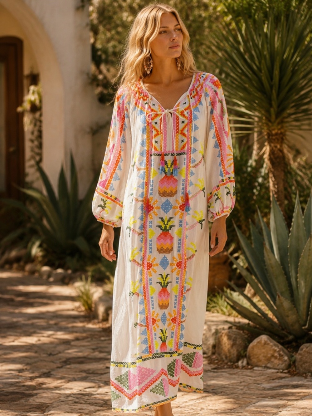 FARM Rio White Maxi Dress with Neon Pink, Yellow & Blue Embroidery - Picture 2 of 13